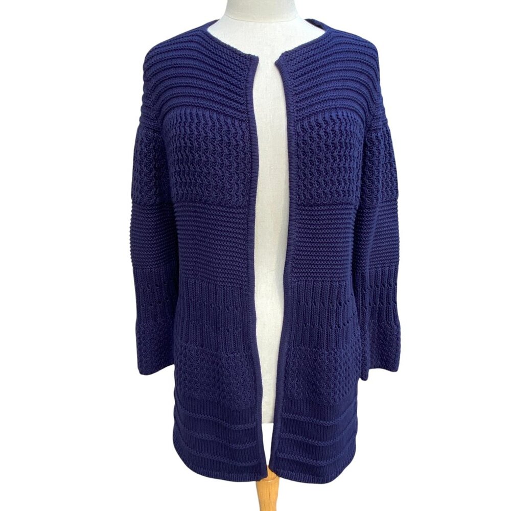 Marble Mixed Stitch Open Cardigan Sz M Blue Long Coastal Grandma Heritage
